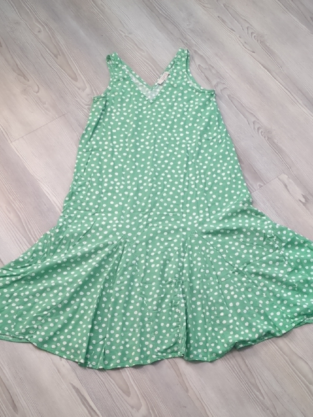 LOFT Green White Dotted Godet Double V Midi Dress Size S Linen Blend Oversized
